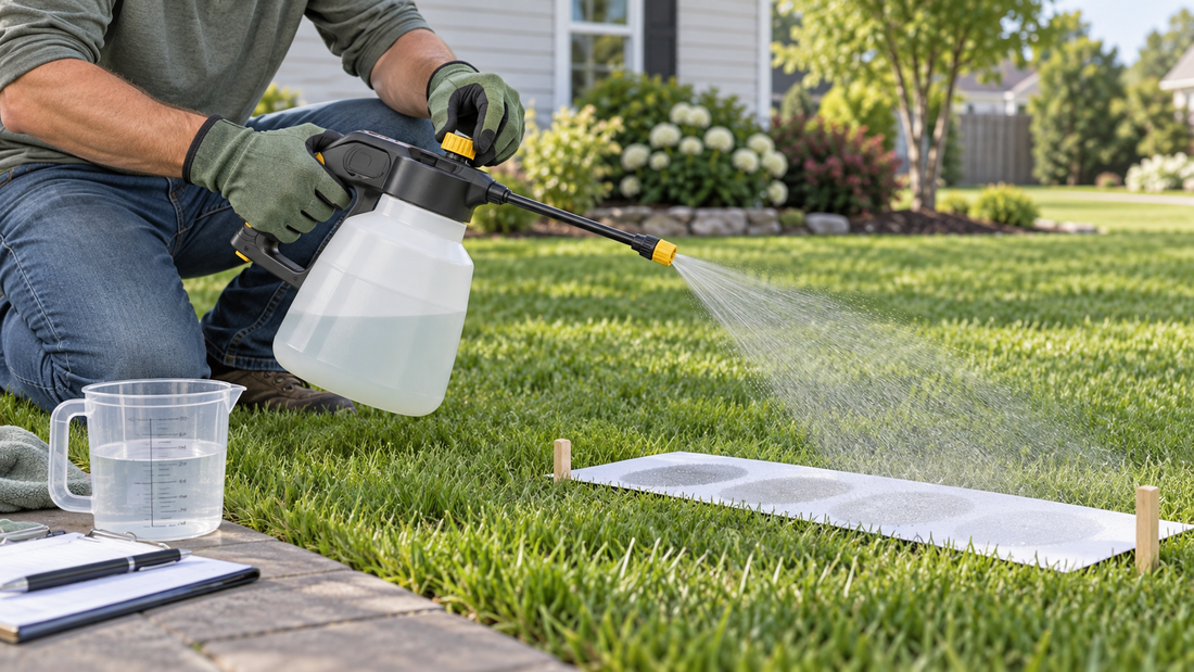 AI-generated illustration of calibrating a garden sprayer over a lawn test strip