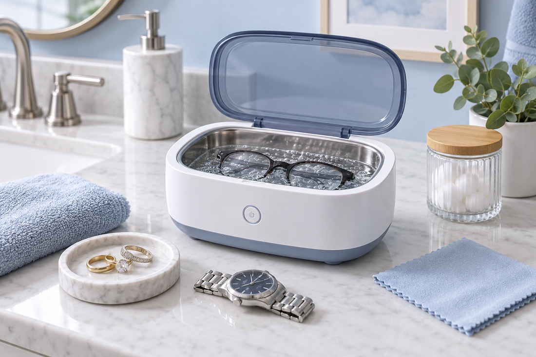 AI-generated illustration of an ultrasonic cleaner beside eyeglasses and a watch