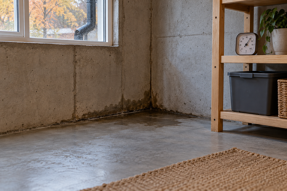 AI illustration of a damp basement corner after autumn rain, with a hygrometer on a shelf