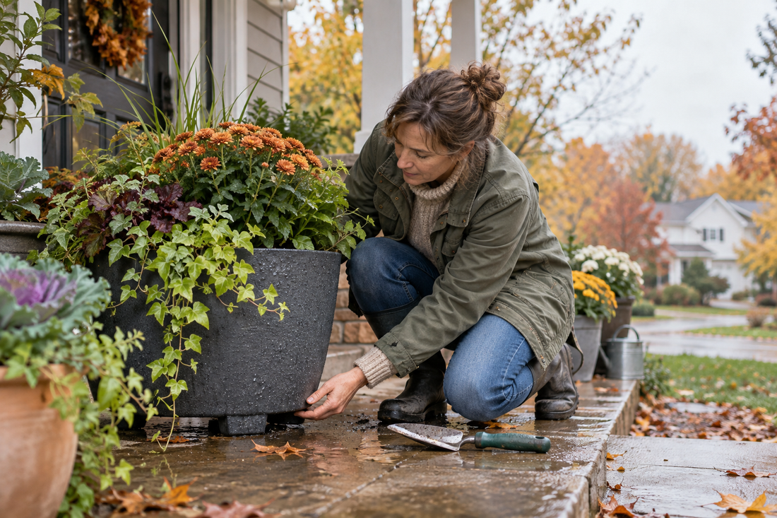 AI-generated illustration of checking drainage in a fall container garden after rain