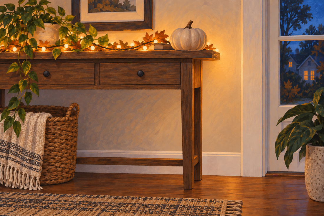AI-generated illustration of an indoor autumn console with decorative lights and an unlit ceramic pumpkin