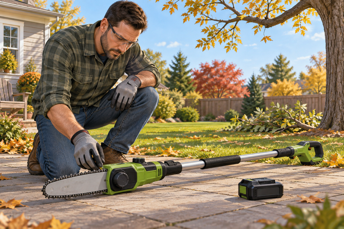 AI-generated illustration of a cordless pole saw being inspected on the ground before pruning