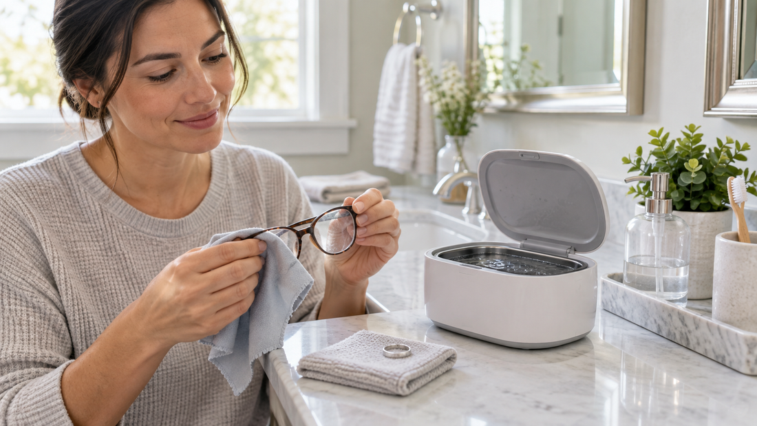AI illustration of a careful ultrasonic cleaning setup for glasses and jewelry