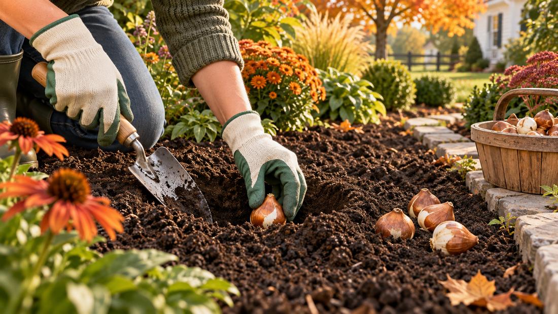 AI illustration of a hand trowel and spring bulbs in an autumn garden bed