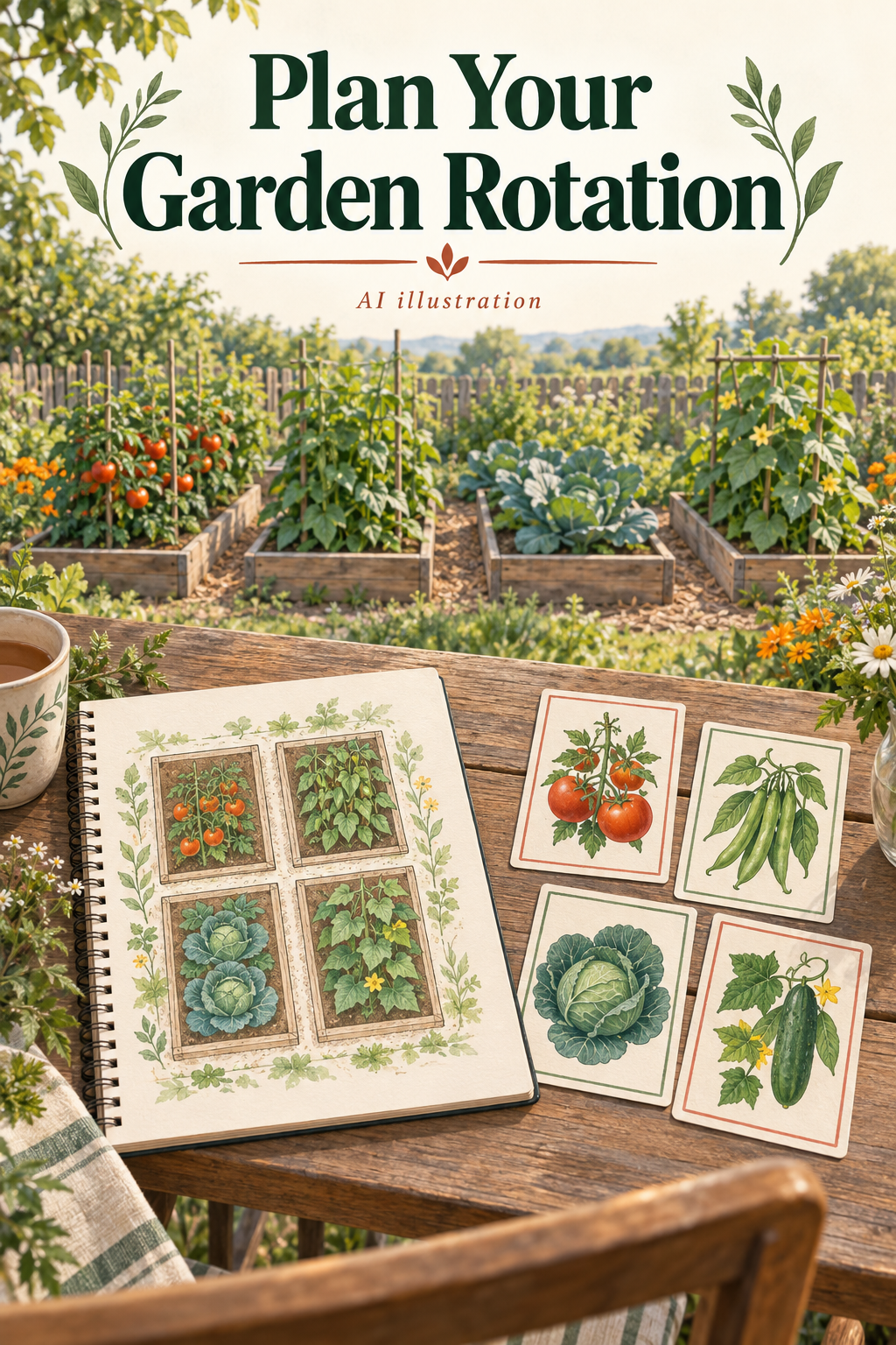 AI illustration of a garden journal, four-bed sketch and vegetable-family cards; text reads Plan Your Garden Rotation.