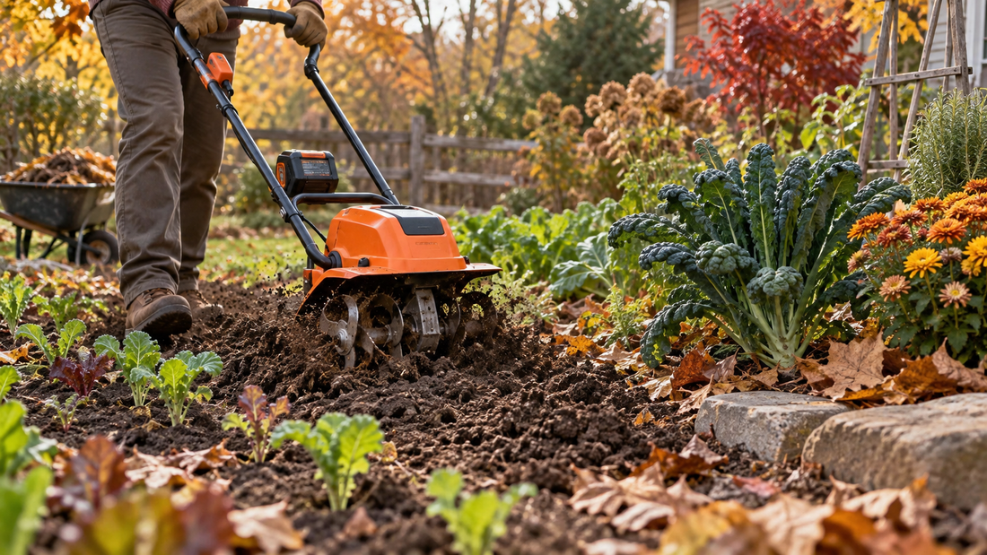 AI-generated illustration of a cordless tiller preparing a fall garden bed