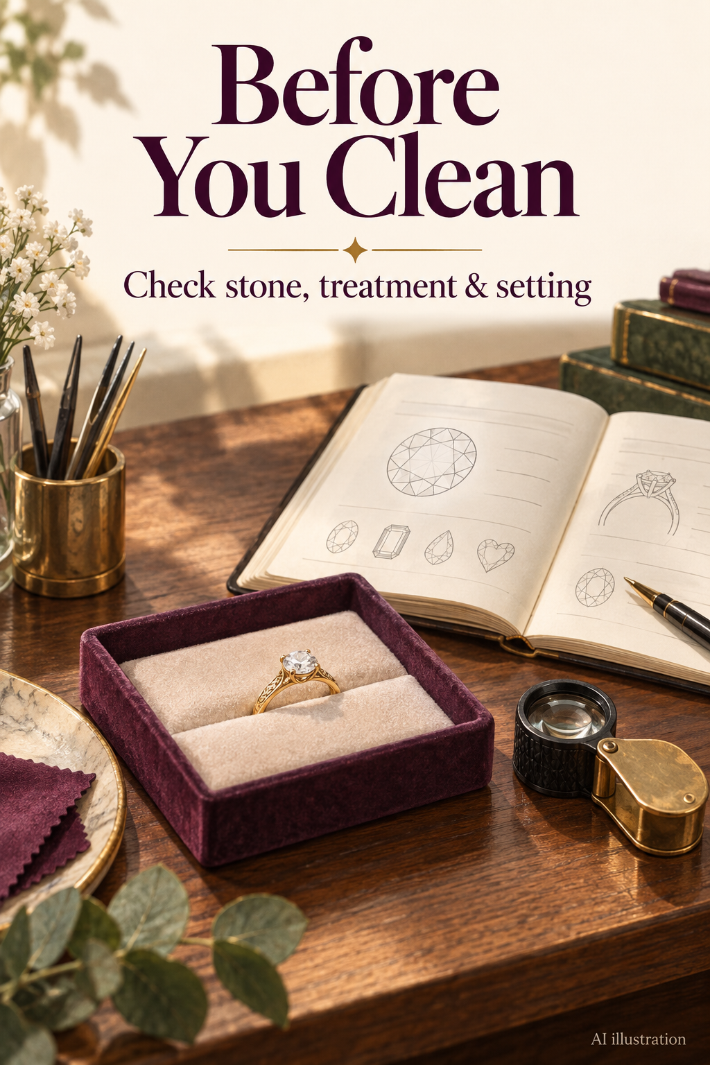 AI illustration of a ring, jeweler's loupe and care notebook for checking stone, treatment and setting before cleaning.