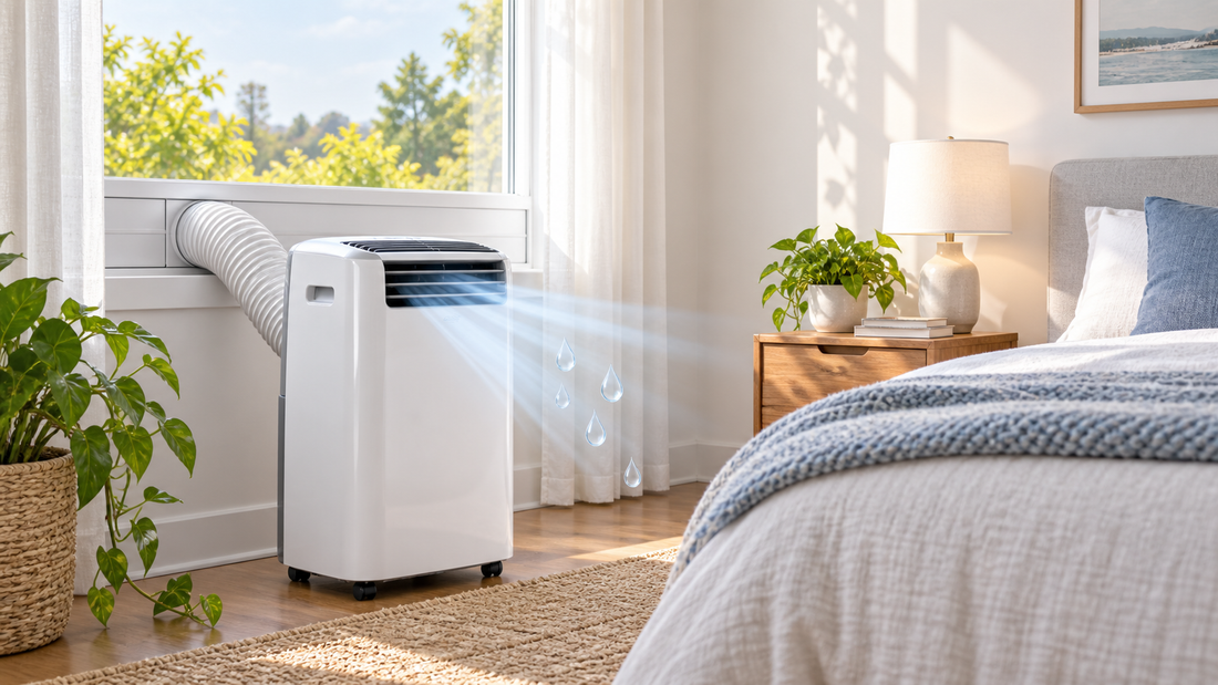 AI illustration of a portable air conditioner removing humidity in a bedroom