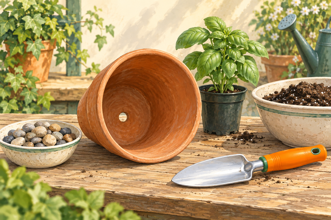 AI-generated gardening illustration of an empty pot with a visible drainage hole, separate pebbles, potting mix, basil, and an orange-handled trowel.