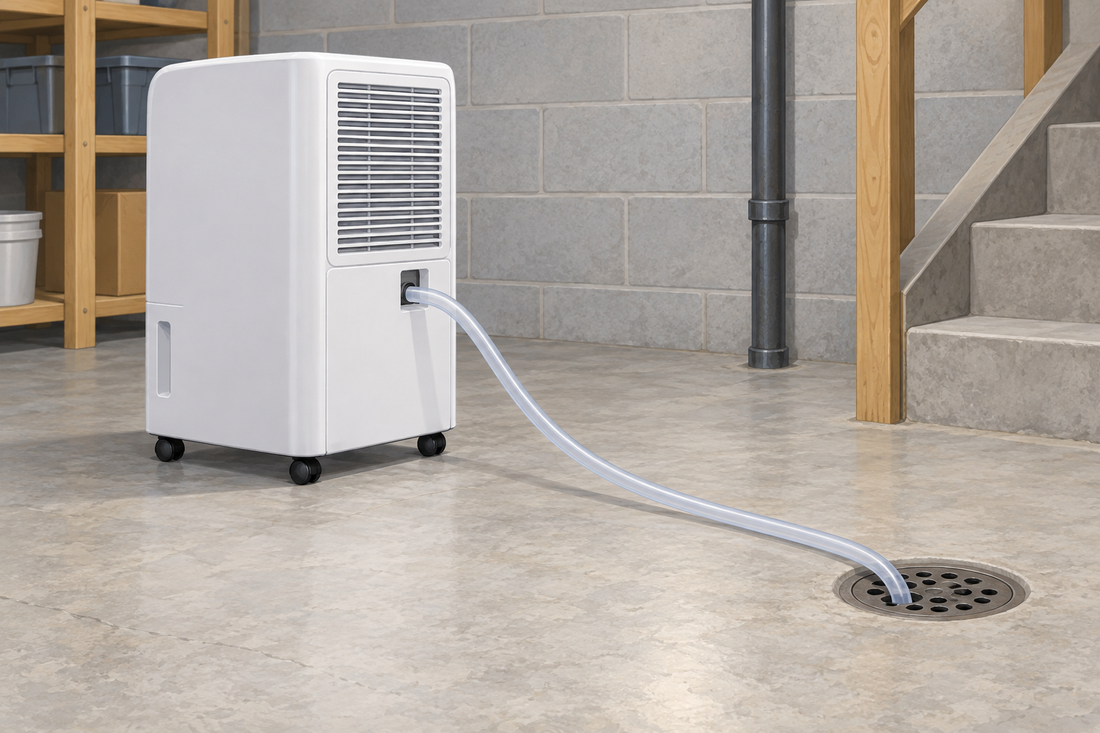 AI conceptual illustration of a dehumidifier hose following a gravity route to a lower drain