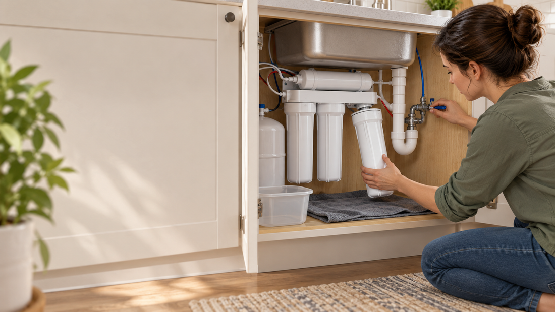 AI illustration of an under-sink reverse-osmosis filter cartridge change