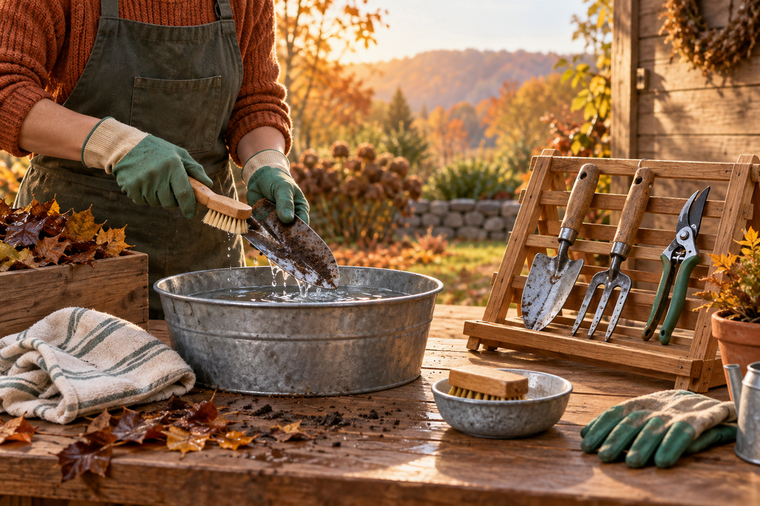 AI illustration of cleaning damp garden hand tools after fall work