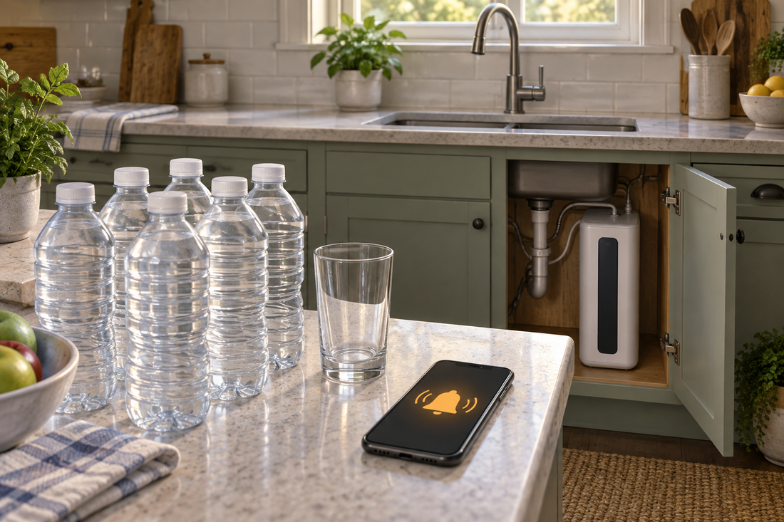 AI illustration of sealed water bottles and a household water-advisory notification