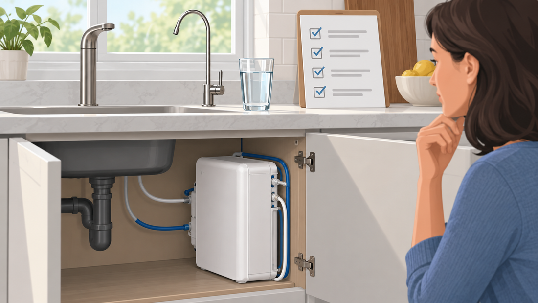 AI-generated illustration of under-sink water treatment planning; not a product photo or filtration test