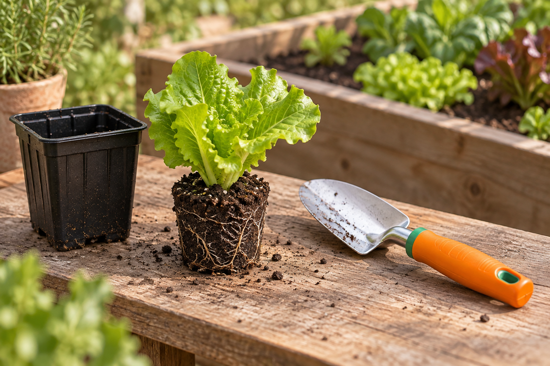 AI-generated illustration of a lettuce transplant with an intact root ball beside a nursery pot and hand trowel