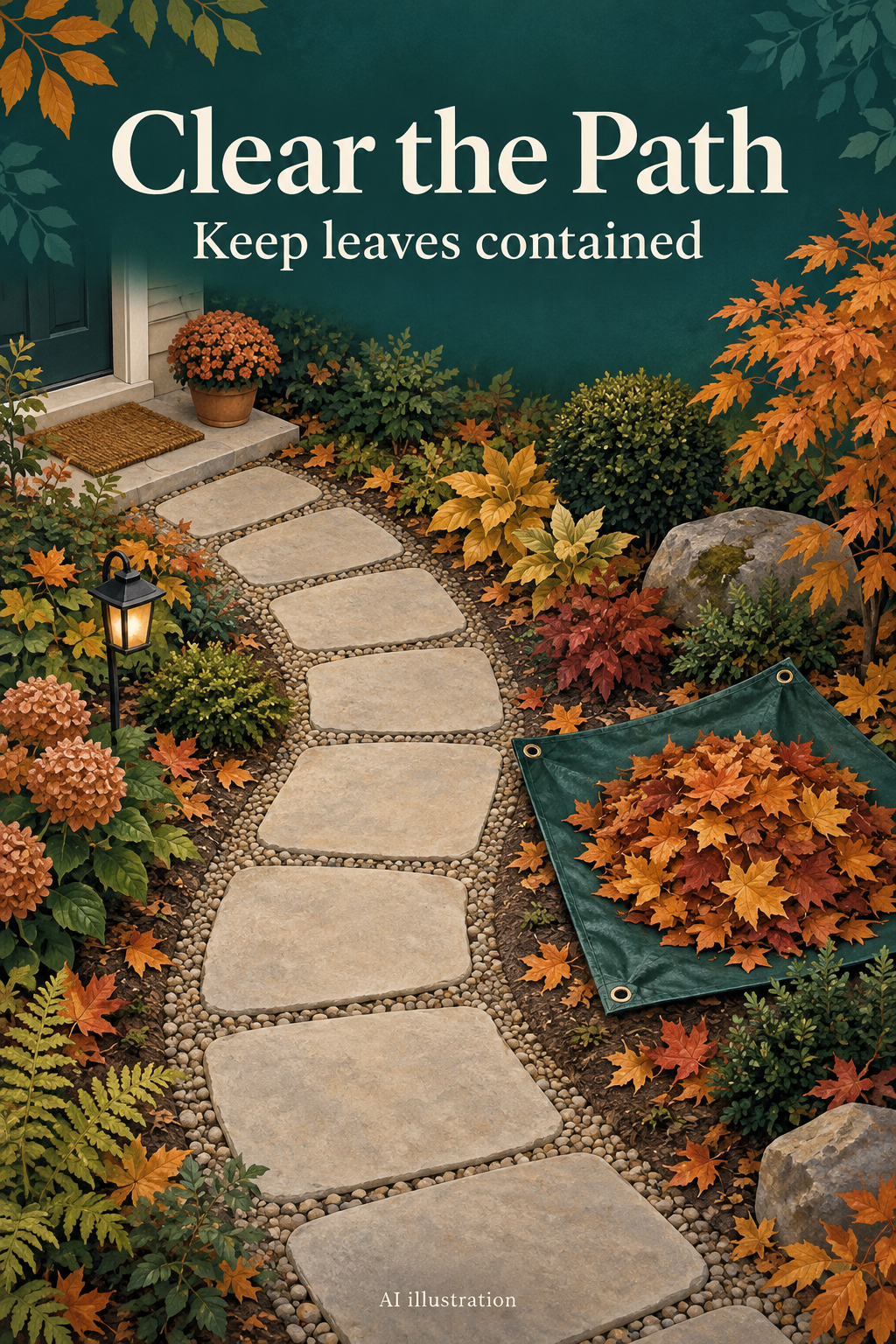 AI illustration of a clear garden walkway with gathered leaves on a tarp beside the path.