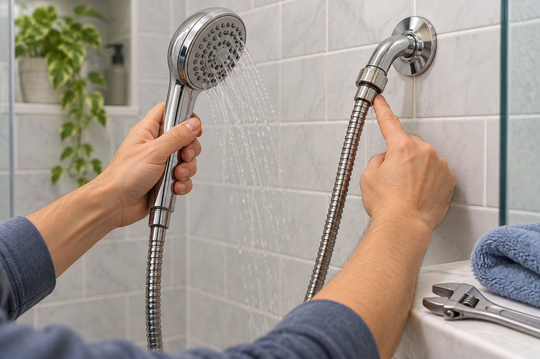 AI illustration of checking a handheld shower hose connection for leaks