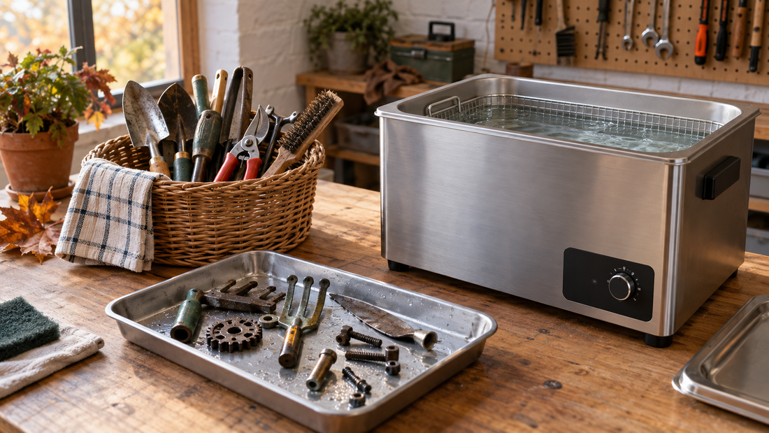AI illustrative ultrasonic cleaning tank beside removable metal garden and workshop tools