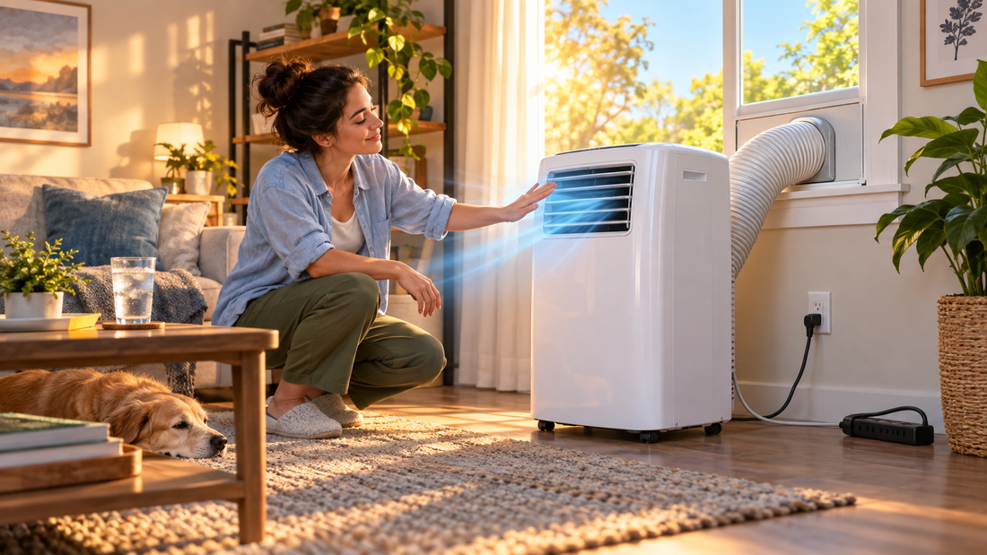 AI illustration of a portable air conditioner connected directly to a wall outlet after a safe restart check