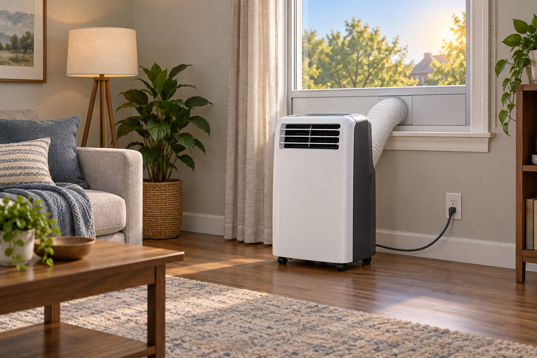 AI conceptual illustration of a portable AC near a window and directly connected wall outlet