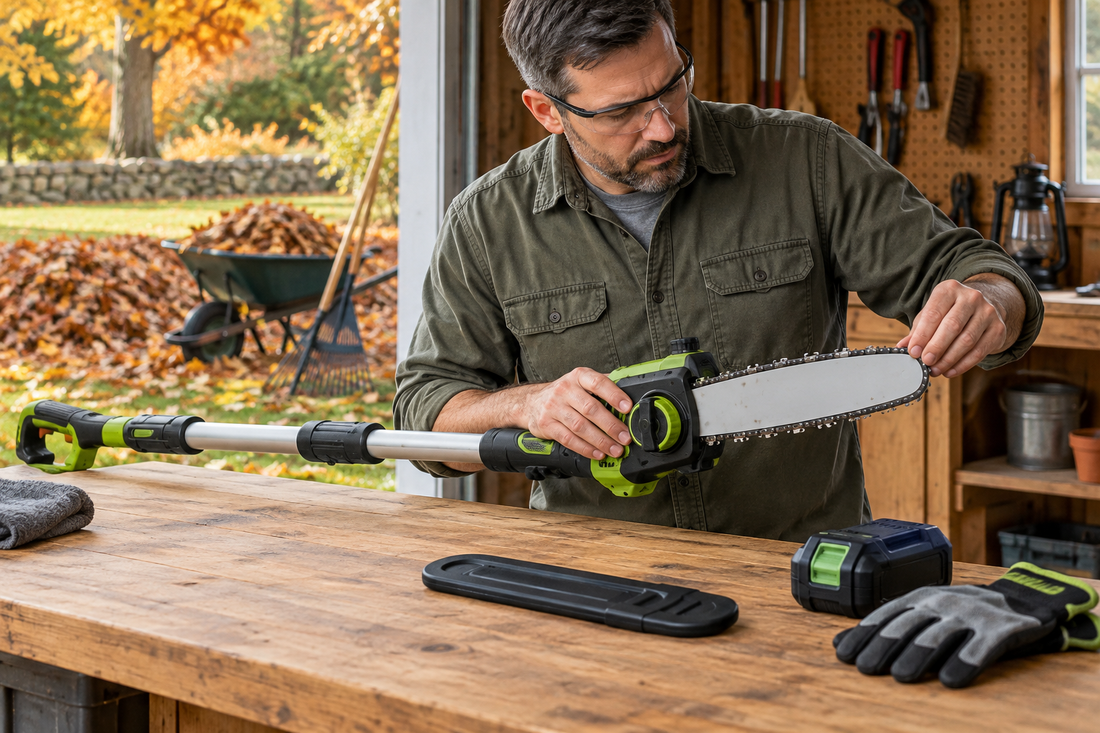 AI illustration of a cordless pole saw inspection before fall yard cleanup