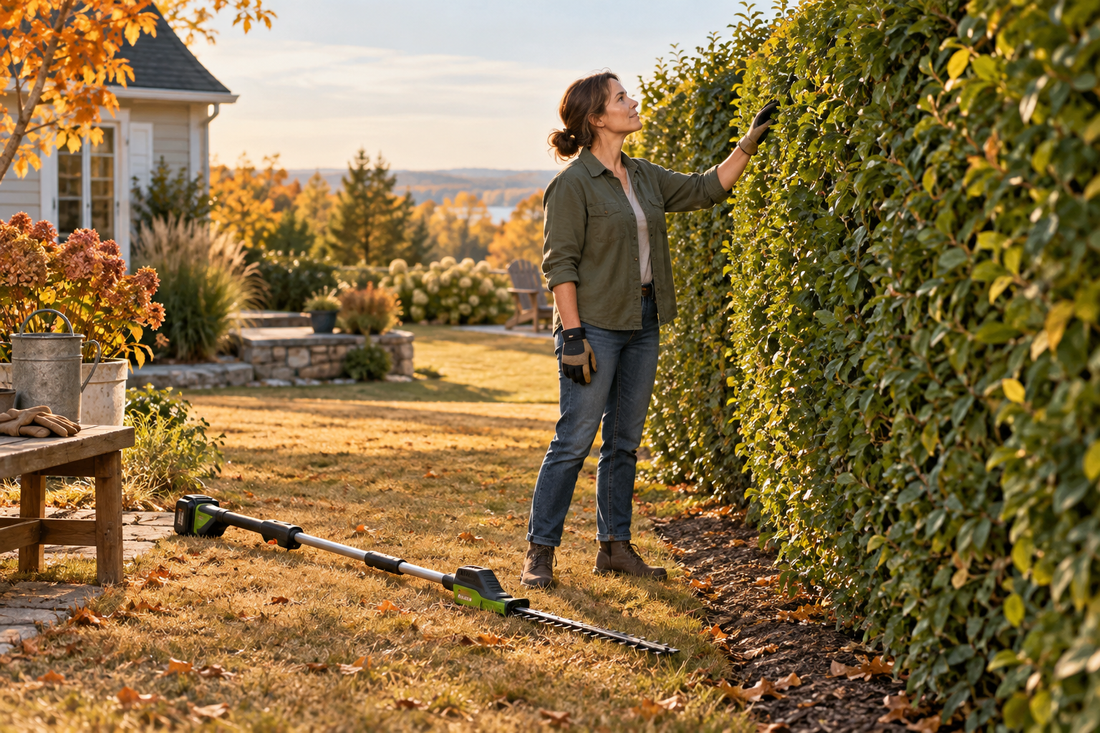 AI-generated illustration of a homeowner inspecting a hedge before safe autumn trimming