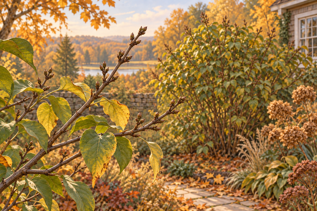AI illustration of intact woody shrub stems with closed dormant buds in an autumn garden