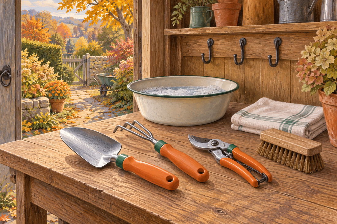 AI illustration of hand tools, brush, soapy-water basin and a drying cloth in an autumn garden shed