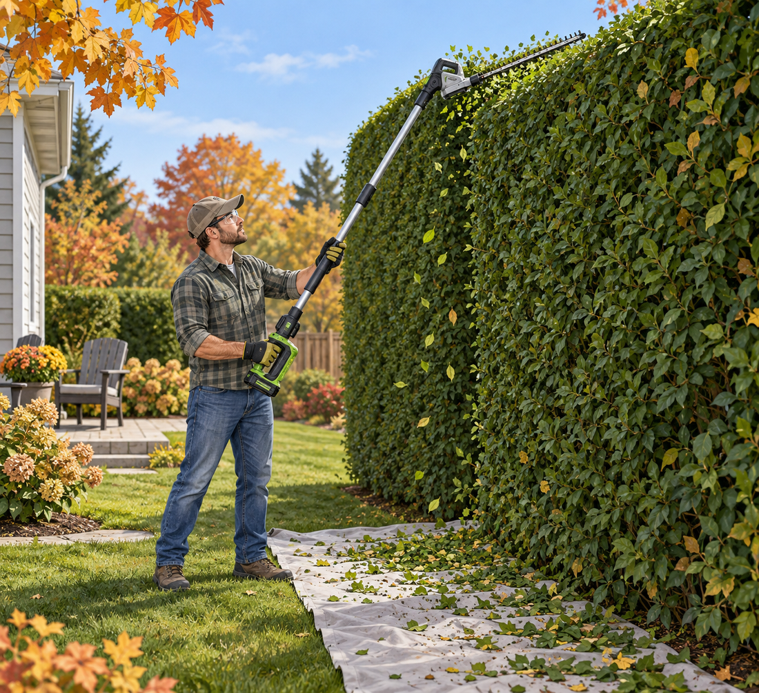 AI illustrative scene of safely trimming a tall hedge from the ground