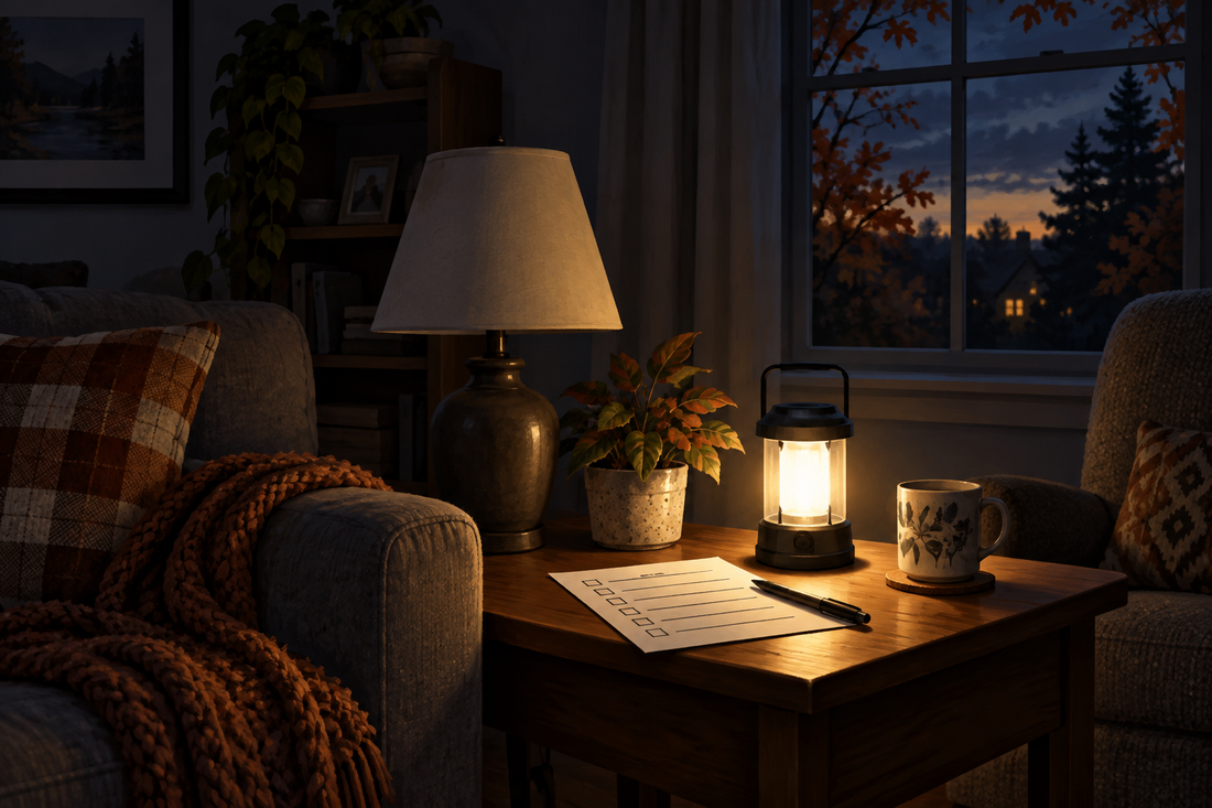 AI-generated illustration of an unlit household lamp and a separate illuminated battery lantern at autumn dusk.