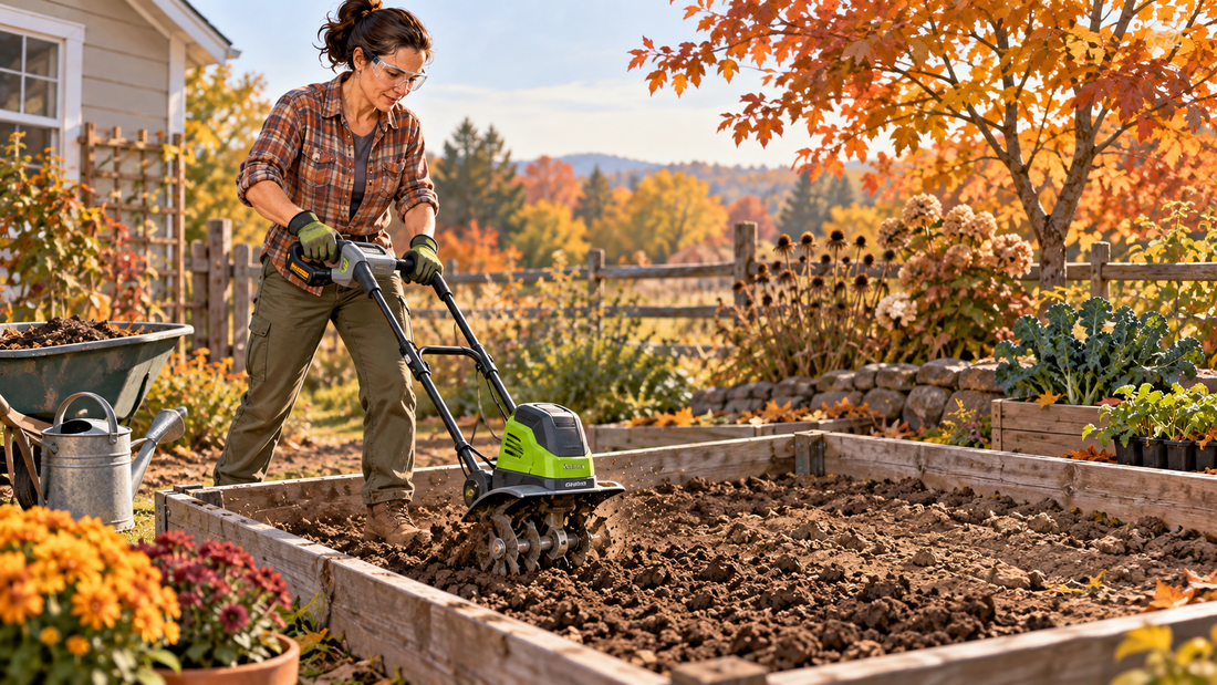 AI-generated illustration of a gardener preparing compacted soil for fall planting with a cordless tiller