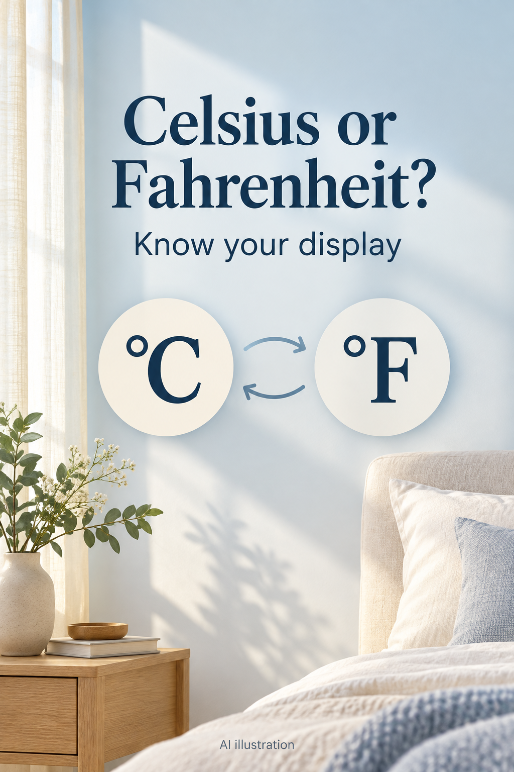 AI illustration of Celsius and Fahrenheit symbols in a calm bedroom, with the words Celsius or Fahrenheit? Know your display