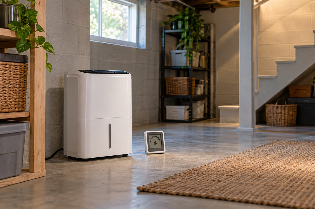 AI-generated illustration of a portable dehumidifier and hygrometer in a late-summer basement