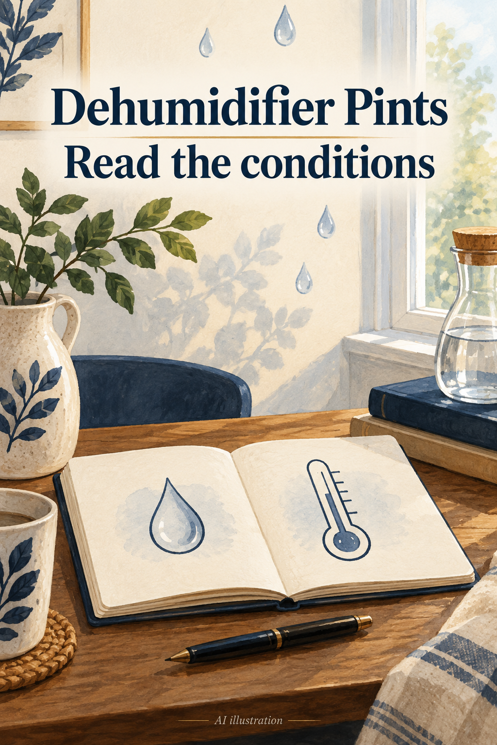 AI illustration of a notebook with water-droplet and thermometer symbols for interpreting dehumidifier capacity conditions.