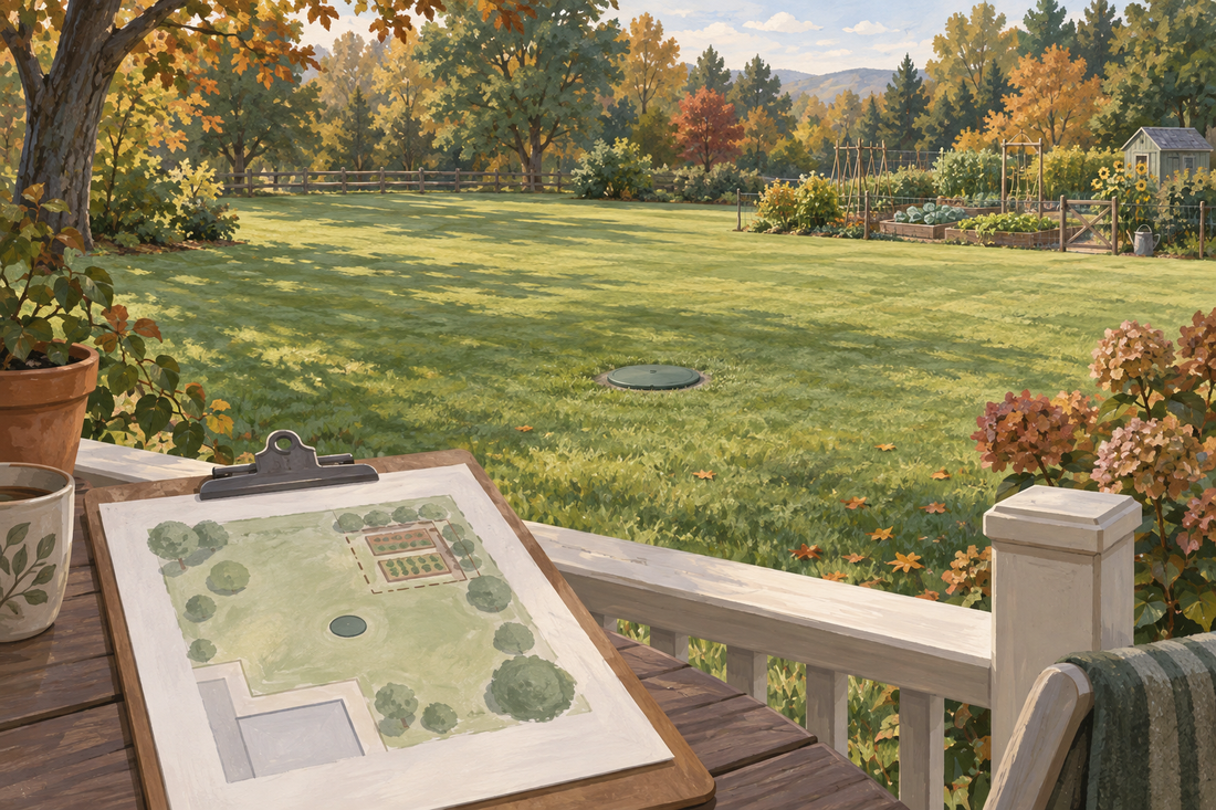 AI illustration of a backyard site plan, undisturbed lawn and a separate vegetable garden; not a setback diagram.