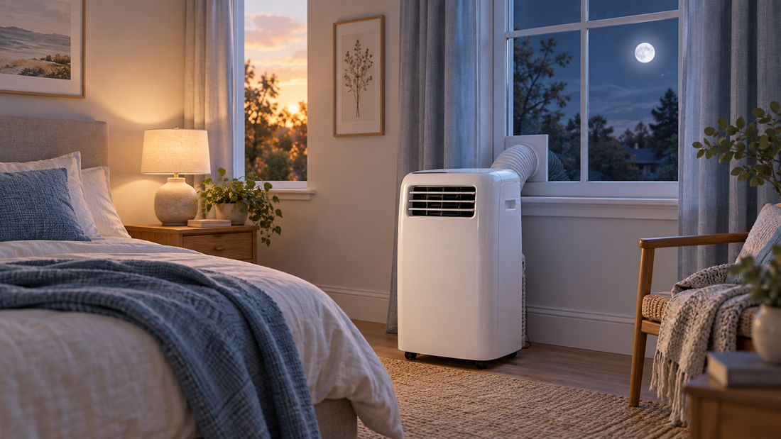 AI-generated illustration of a portable air conditioner beside a bedroom window on a cool September night