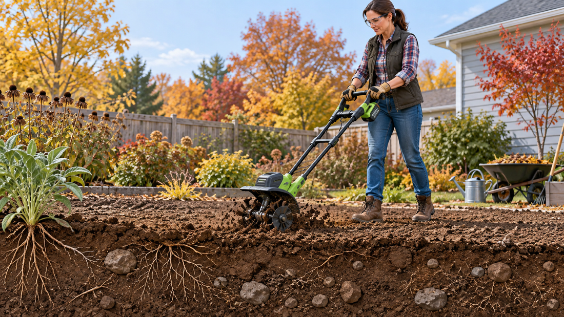 AI-generated illustrative fall garden soil compaction repair scene with cordless cultivator