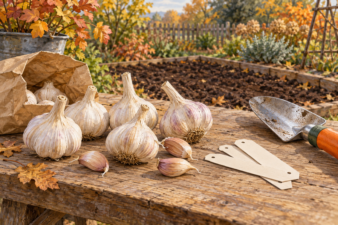 AI-generated illustration of garlic bulbs, blank plant labels and a hand trowel beside an autumn garden bed