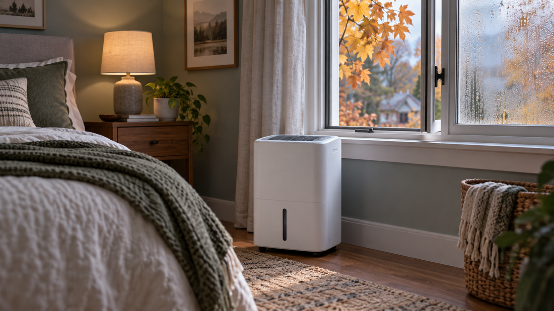 AI-generated illustration of a dehumidifier in an early-fall bedroom