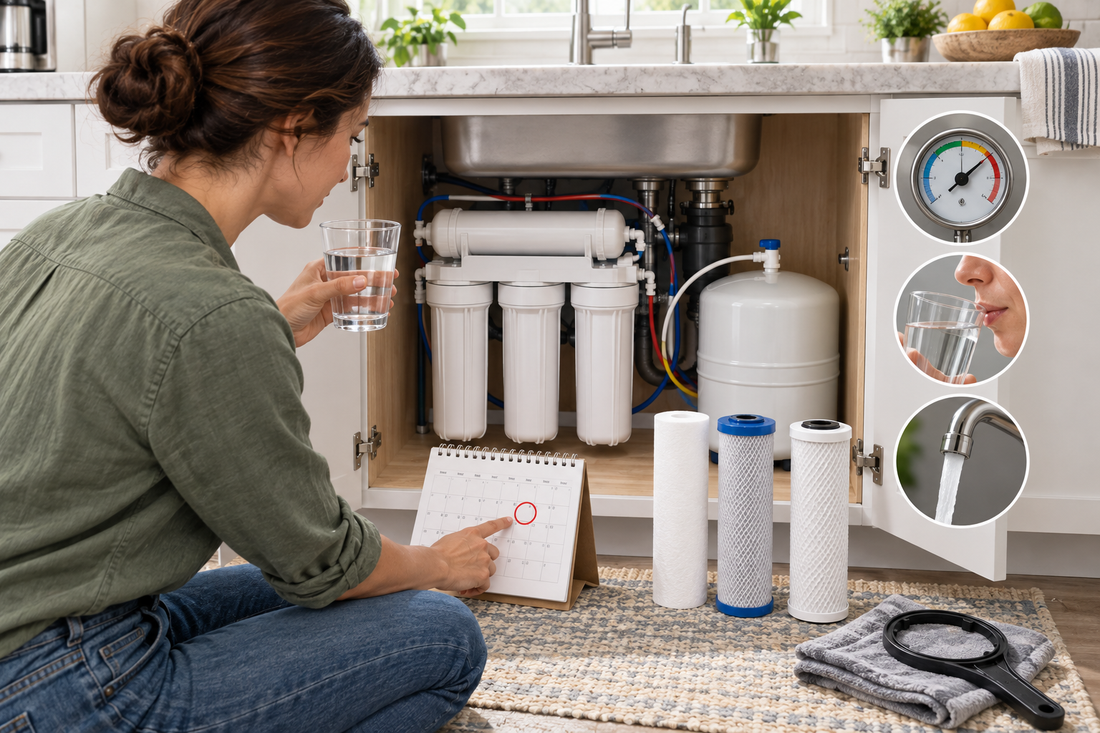 AI illustrative scene of checking an under-sink reverse osmosis filter maintenance date
