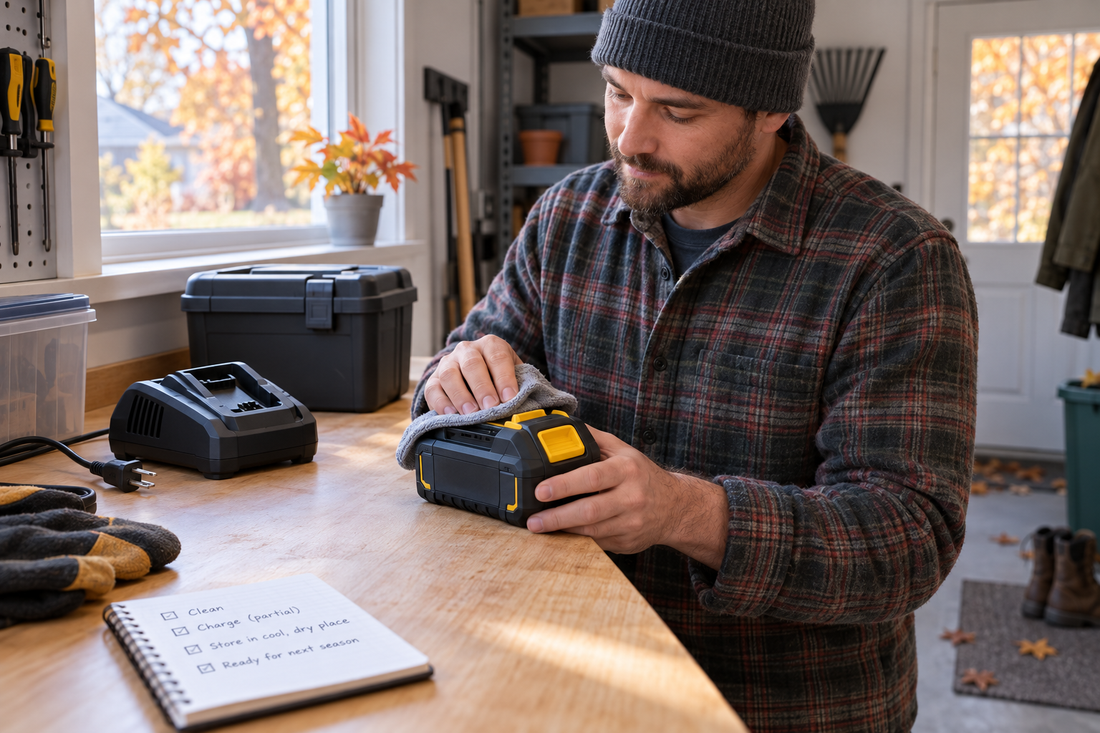 AI illustrative scene of a generic 20V cordless tool battery being prepared for cool-season storage