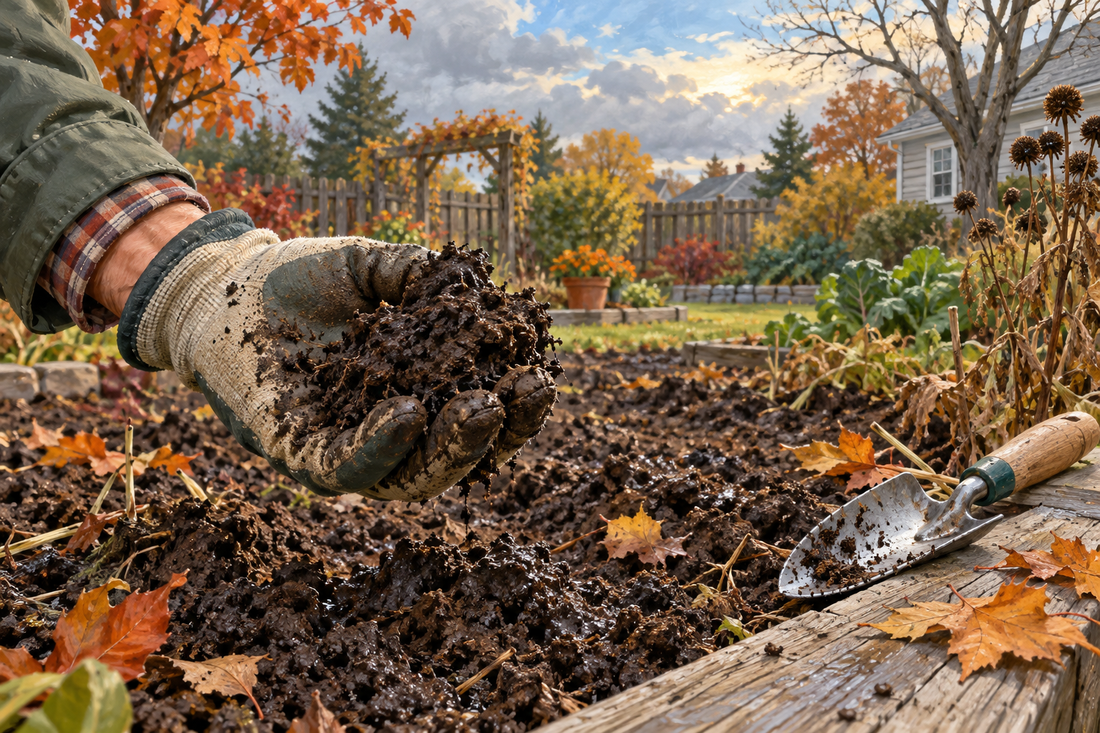 AI illustration of a gloved gardener checking damp soil beside an autumn garden bed