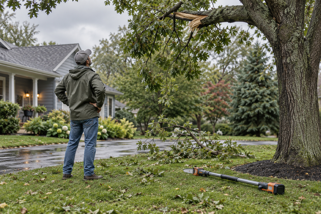 AI-generated illustration of a homeowner assessing a storm-damaged branch from the ground with a pole saw nearby