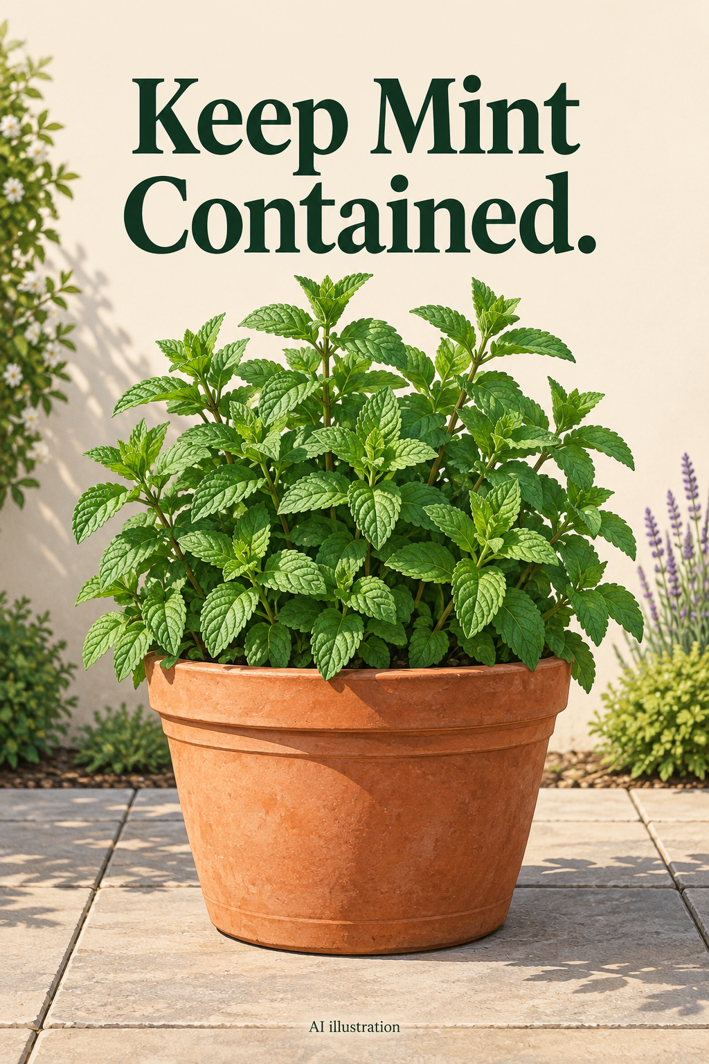 AI illustration of a mint plant in a terracotta pot on a stone patio, with the words Keep Mint Contained.