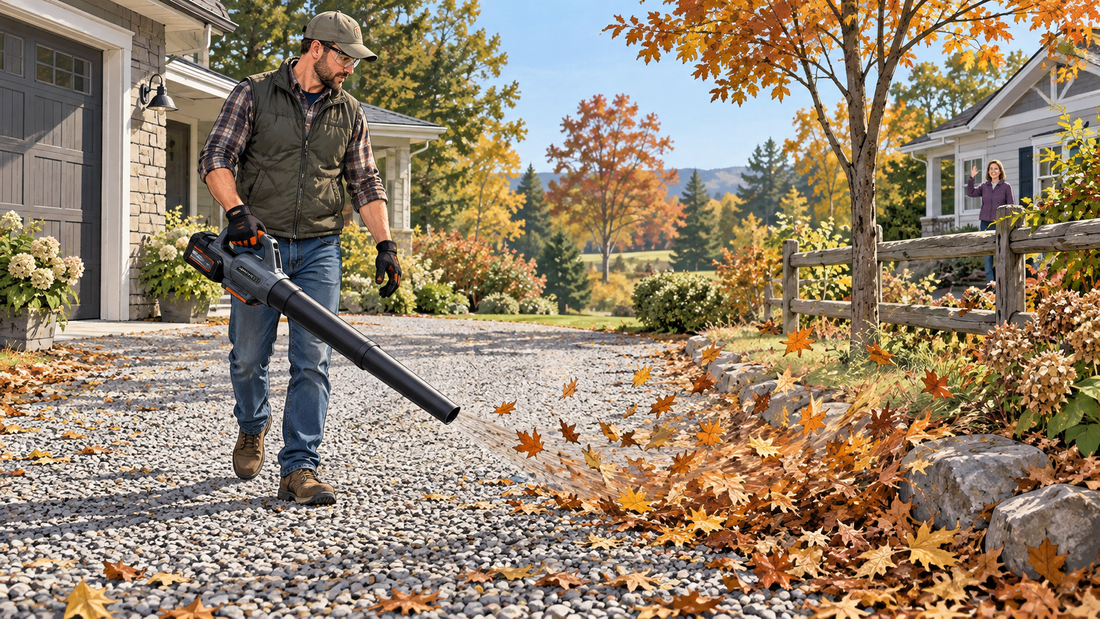 AI-generated illustration of a homeowner directing a cordless blower across a gravel driveway