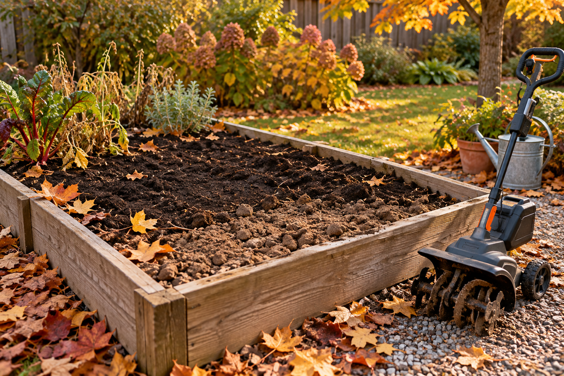 AI-generated illustration of a fall raised vegetable bed with an idle small cultivator; not a product photograph or field test.