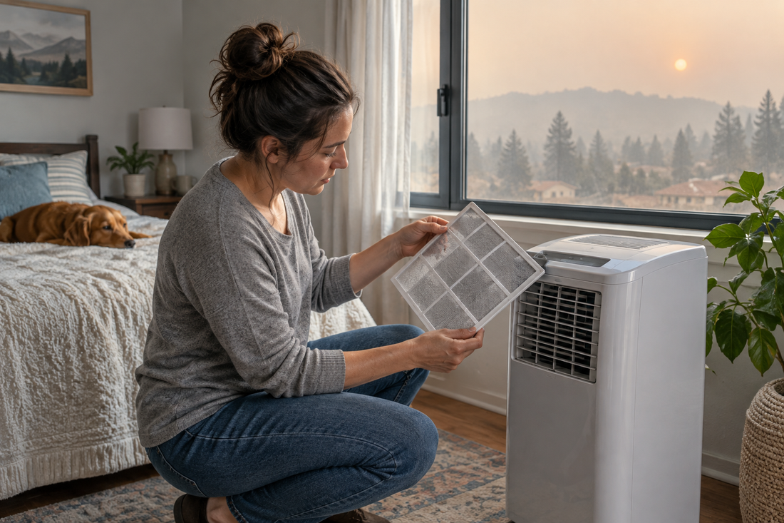 AI illustrative concept of inspecting a portable AC filter during wildfire smoke season