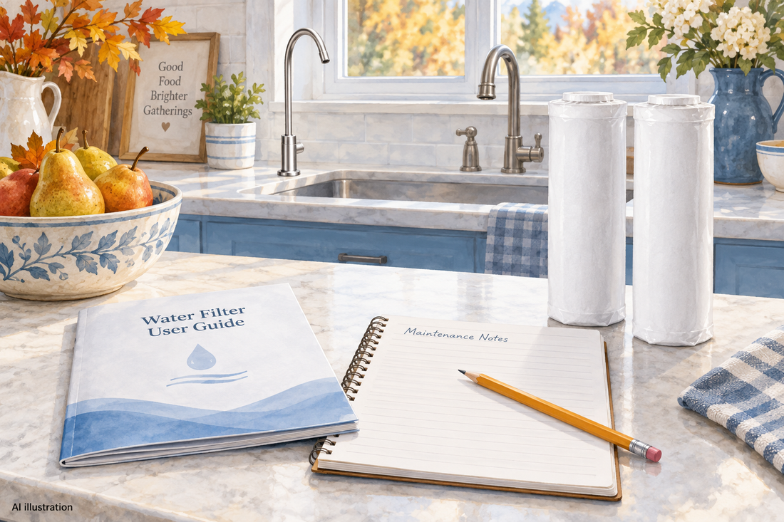 AI illustration of generic wrapped filter packages and maintenance documents in an autumn kitchen; not official cartridge images.