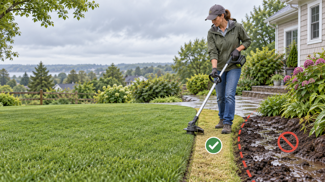 AI illustration of safe lawn edging beside a rain-softened garden bed