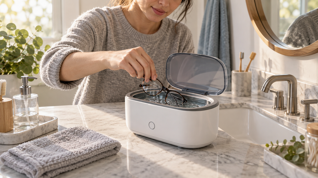 AI-generated illustration of eyeglasses being cleaned in a generic ultrasonic cleaner